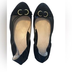 Cole Haan Women’s Black Ballet Leather Flat Suede Cap Gold Buckle Size 10